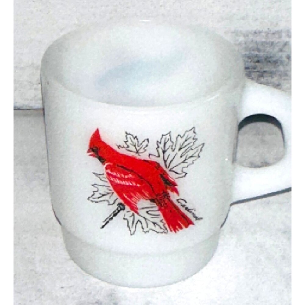 Anchor Hocking Fire King Milk Glass Bird Mug Chickadee Cardinal